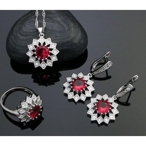 Flower 925 Silver Jewelry Sets For Women Rose Red Cubic Zirconia White Crystal Drop Earrings Ring Necklace Pendant Set