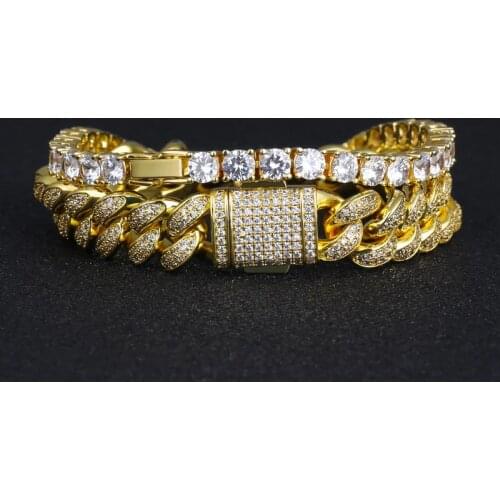 DNSCHIC HIP-HOP 5mm Tennis Bracelet and 12mm Cuban Link HIP-HOP Bracelet Set in