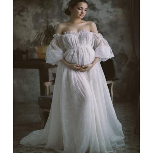 Elegant Maternity Celebrity Dress Tulle Ruffled Off Shoulder Gowns for Photoshoot Boudoir Lingerie Robe Nightwear Babydoll