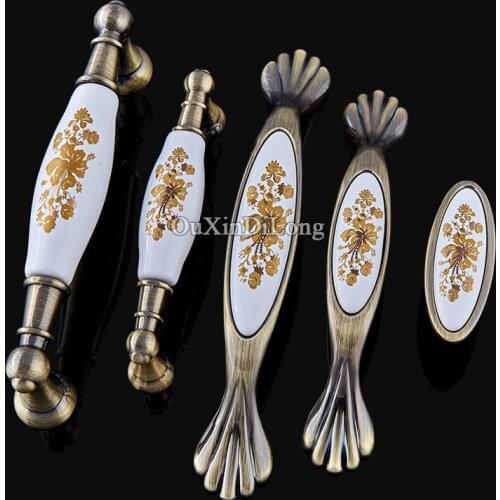 HOT 10PCS European Antique Kitchen Door Furniture Handles Ceramic Printing Cupboard Drawer Wardrobe Cabinet Pulls Handles&Knobs