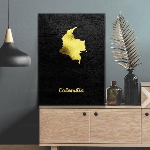Golden Map Colombia Art Canvas Poster Home Decor Painting Framed Canvas Painting For Living Room For Morden