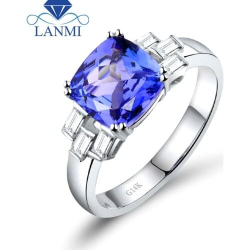 Rings For Women Gorgeous Vintage Cushion 8x8mm Solid 14k White Gold AAAA Tanzanite Engagement Ring Promised Diamond Jewelry