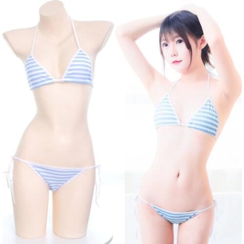 Sukumizu Swimsuit School Girl Costume Sexy Cosplay Blue White Striped Halter Neck Triangle Bikini Japan Anime Classic Character