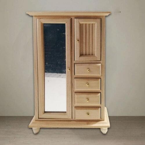 Mini Dollhouse Wardrobe Multifunctional Solid Scale 1:12 Master Bedroom Scene Ornament Dollhouse Wooden Mirror Wardrobe for Kids