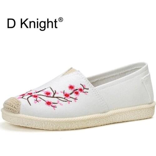 Fashion Women Loafers Casual Slip On Embroider Shoes Woman Espadrilles Canvas Hemp Beach Flat Platform White Red Shoes Plus Size