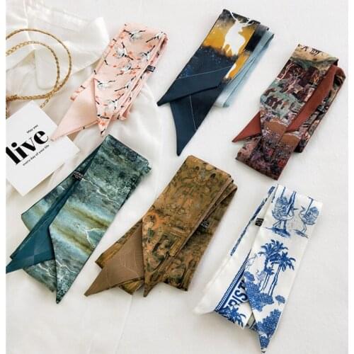 MoriBty Long Skinny Women Silk Scarf Neckerchief Spring-Autumn New Hair Ribbon Headscarf Foulard Luxury Print Neck Ties Bag Wrap