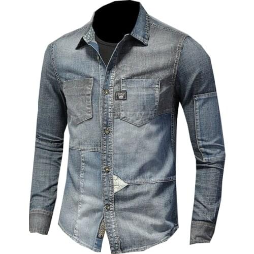 Mens Lapel Long Sleeve Denim Shirt Retro Blue Aviator Shirt Long Sleeve Thin Jacket
