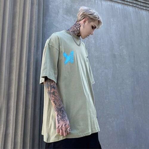 2021 Mens Summer New Style Cotton Loose Round Neck Short-sleeved T-shirt Splash Ink Butterfly Print Half-sleeved T-shirt Top