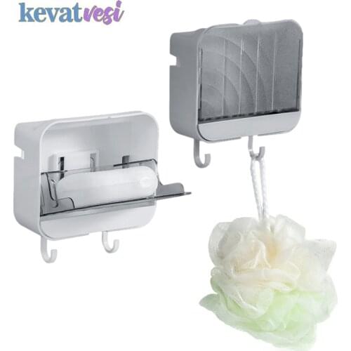 Wall-Mounted Soap Box with Hook Bathroom Soap Holder Shelf No Punching Drain Soap Rack Toilet Organizer Bathroom Accessories