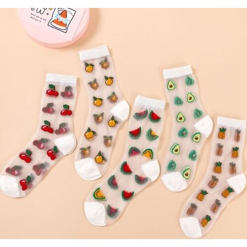 Newest Korean Style Harajuku Crystal Silk Tide Girl Socks Funny Avocado Watermelon Pineapple Fruit Happy Women Socks Casual Sox