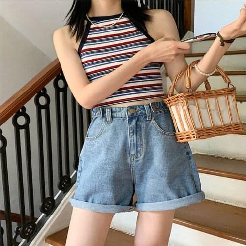 2021 summer new style Korean womens high-waisted pants ladies roll-up jeans loose wide-leg pants casual shorts womens pants