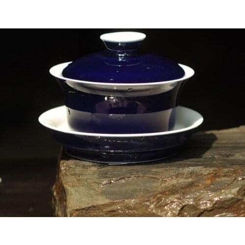 Single Glaze Sacrifice Blue Covered Bowl Ceramic All Handmade Ji Blue Tureen