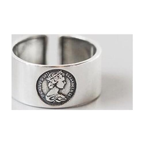 Punk Wide Tibetan Silver Engraved Rings Vintage Dollar Coin Queen Face Portrait Adjustable Ring for Women Statement Jewelry