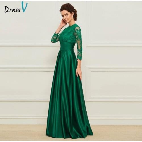 Dressv green long mother of the bride high neck a line floor length 3/4 sleeves lace formal party mother of the bride dress