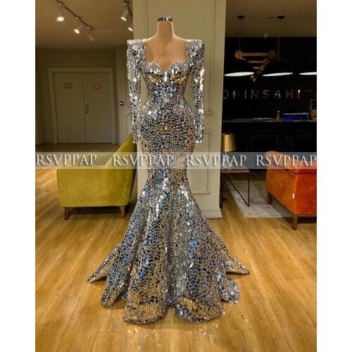 Long Mermaid Evening Dresses2020 Sparkly Silver Sequin Sweetheart Neck Long Sleeve Arabic Women Dubai Design Formal Gowns