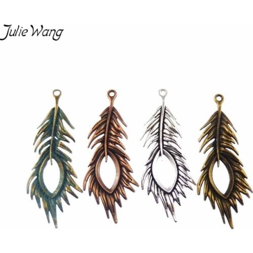 Julie Wang 4PCS Mixed Peacock Feather Shape Charms Retro Style Pendant Antique Colors DIY Findings Jewelry Making Accessory
