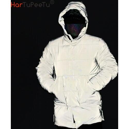 Drop Shipping Winter Men Reflective Jacket Thick Warm Long Cotton Coat Male Harajuku Soft Plus Size Loose Hip Hop Hooded Outwear