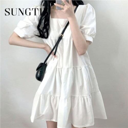 Sungtin Summer Sweet White Ruffles Mini Dresses for Women A Line Puff Sleeve Linen Short Dress Square Collar High Waisted Dress