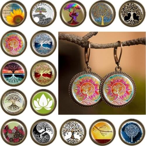 8Seasons Bohemian Copper Metal 30mm Hoop Earrings Antique Copper Glass Round Tree Flower Pattern Women Party Earrings Jewelry