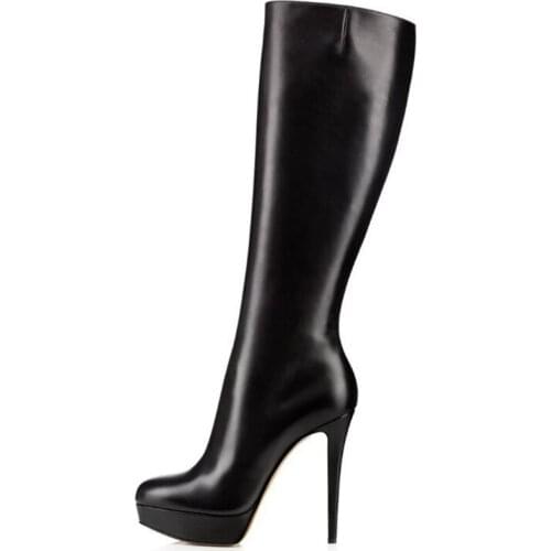 Platform Spring Autume Boots Mid-calf Pointed Toe Motorcycle Platform Boots Zip Thin and High Heel Party Dress Black Shoes