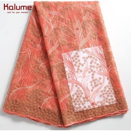 Kalume High Quality African Lace Fabric Embroidery French Mesh Lace Fabric With Beads And Stones For Nigerian Wedding Sews F2250