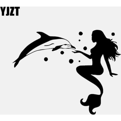 YJZT 15.9CM*12.4CM Car Sticker Vinyl Decal Mermaid With Dolphin Gir Black/Silver C24-0803