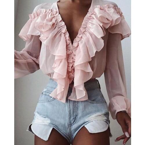 2020 New Women Solid Color Deep V-Neck Ruffle Long Sleeve Blouse Ladies Sexy Tops Blouse
