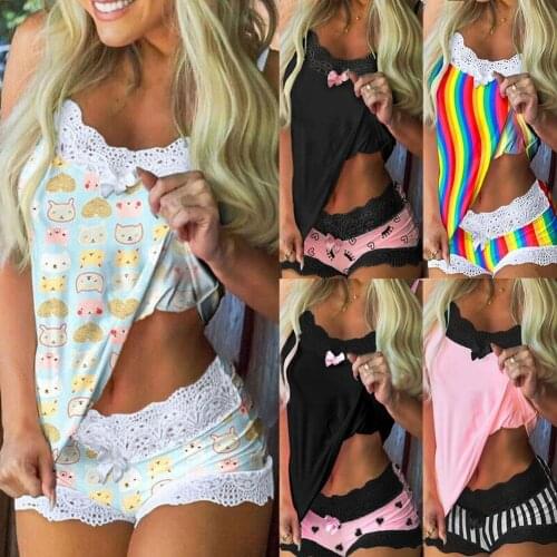 Women Sexy Pajamas Sets 2020 Elegant Lace V-Neck Pajama Home Suit Fashion Printing Ladies Suits Sleeveless Sweet Sleepwear C0E6