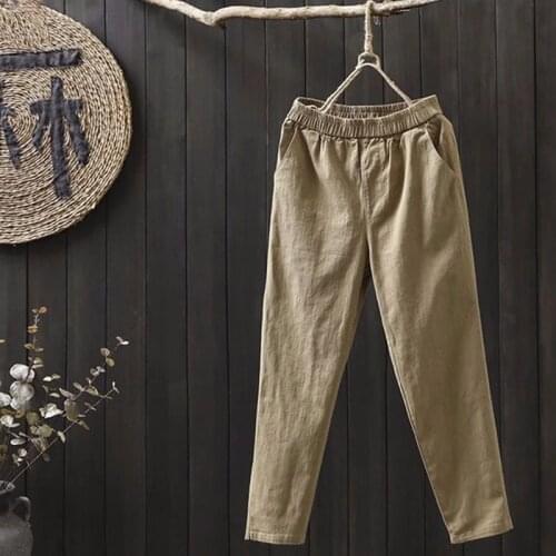 Aransue Cotton Spring And Summer Thin Harem Pantalons Womens Literature ELastic Waist Casual Ankle Pants