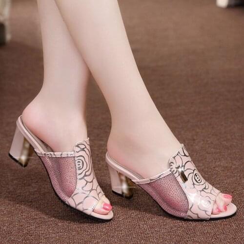 2021 Summer Fashion Slip On Mesh High Heel Slippers Mules Shoes Women Sexy Open Toe Black Pink Slides Outdoor Plus Size 35-40