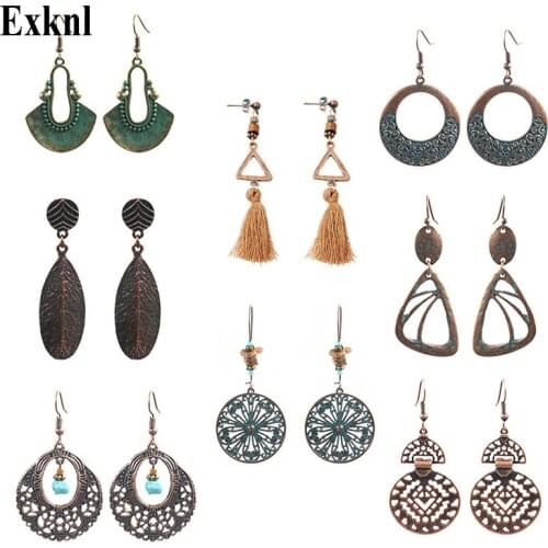 Exknl Fashion Alloy Vintage Drop Earrings For Women Round Leaf Ethnic Bohemia Boho Earrings Tassel Dangle Earrings Jewelry