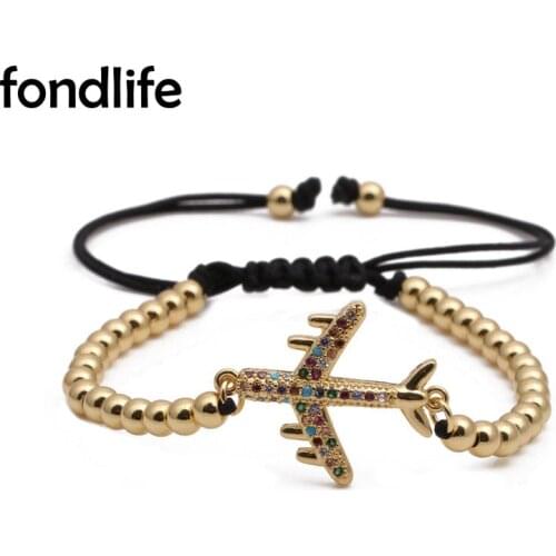 Colorful Cubic Zirconia Stones Gold-plated Brass Airplane Charm Bracelet Women 4mm Copper Beads Black Cord Adjustable Jewelry