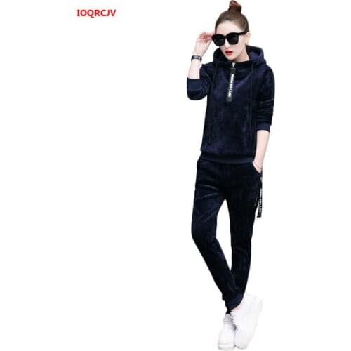 Women Sportswear 2pcs Set Winter Thicked Warm Velvet Tracksuit Two Piece Set Long Sleeve Hoodies And Pants Bodysuit Suit Runway