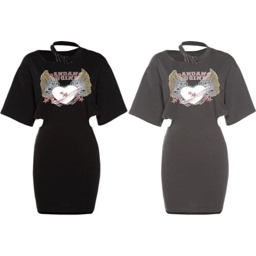 Women Short Sleeve Cutout Irregular O-Neck Bodycon Mini T-Shirt Dress Heart Letters Print Hollow Waist Skinny Streetwear
