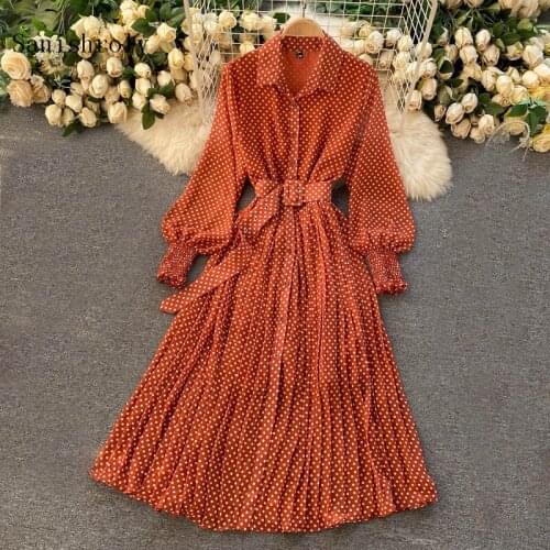 Sanishroly 2021 New Chic Vintage Women Button Shirt Dress Elegant With Belt Wave Point Chiffon Dress Ladies Long Pleated Dresses