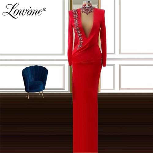 Deep V Neck Red Evening Dress Robe De Soirée De Mariage Long Sleeves Dubai Women Party Gowns Long Prom Dresses Vestidos De Festa