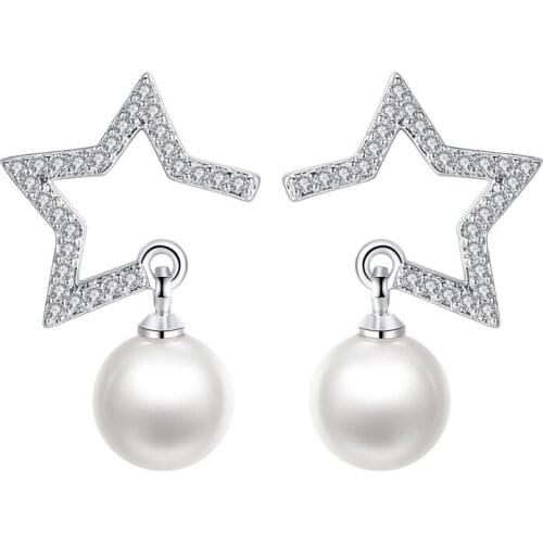 100% 925 sterling silver fashion pearl star shiny crystal ladiesstud earrings women wholesale jewelry birthday gift