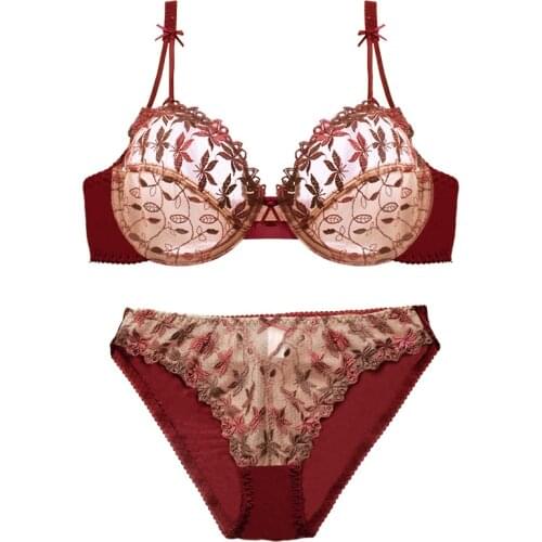 Sexy Transparent Lingerie Set Unlined Ultra thin bra and panty set with wires Butterfly embroidery Push up underwear women 95D