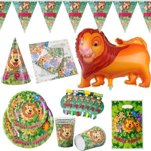 Jungle Lion King Theme Party Supplies Paper Cup Plates Banner Tablecloth Birthday Party Decorations Baby Shower For 6 People