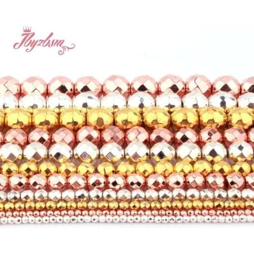 Natural Stone Beads Round Bead Ball Faceted Silver Rose Gold Natural Hematite Beads For DIY Necklace Bracelet Jewelry Making 15"