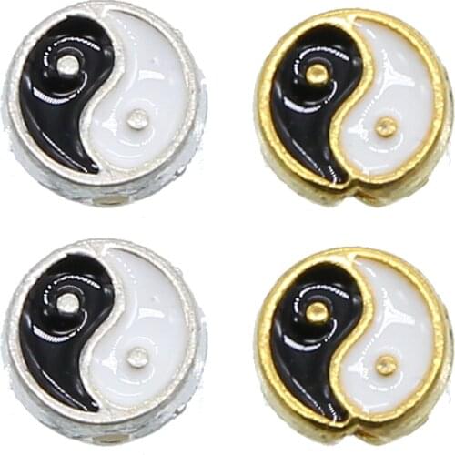 10pcs DIY bracelet accessories Spacer Beads Round Black & White silver color Eight Diagrams Yin Yang Carved Enamel 9*4mm