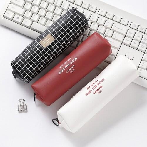 Black Leather Pencil Case School Grid Pencil Bag Solid Color English Alphabet PencilCase for Girl Stationery Pouch Supplies