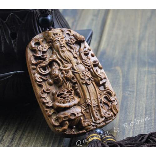 Wood Carving Chinese Wealth God Caishenye Statue Car Pendant Wooden Craft