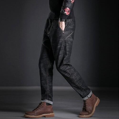 Men Full Length Black Jeans Casual Streetwear Loose Fit Hip Hop Cowboy Denim Pants Male Zip Spring New Trousers Large Size 28-38