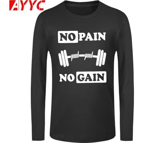 AYYC long sleeve tee cotton no pain no gain print men Tshirt casual o-neck men muscle body building T shirt cool mens Tee shirt