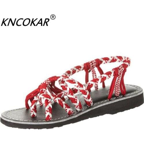 KNCOKAR Big Yards Color Matching Knot Female Sandals Fashion New Beach Flat Sandals 35-43