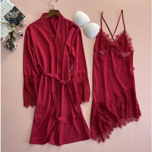 2PCS Lace Robe Gown Sets Sexy Bathrobe Hollow Out Nightgown Kimono Sleep Suit Summer Womens Satin Nighty Sleepwear Nightdress