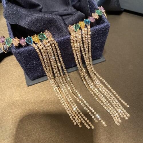 Colorful Crystal Cubic Zircon Earring Ear Clip Line Chain For Women Fashion Long Tassel Dangle Jewelry Accessories Charms
