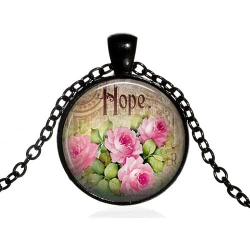 Flower hope Creative Retro Photo Cabochon Glass Chain Necklace,Charm Women Pendants Fashion Jewelry Gift