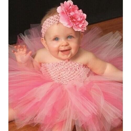 Hot Baby Dress Infant Girls Crochet Tutu 1Layer Tulle Ballet Dress with Flower and Headband Newborn Birthday Party Dress Clothes